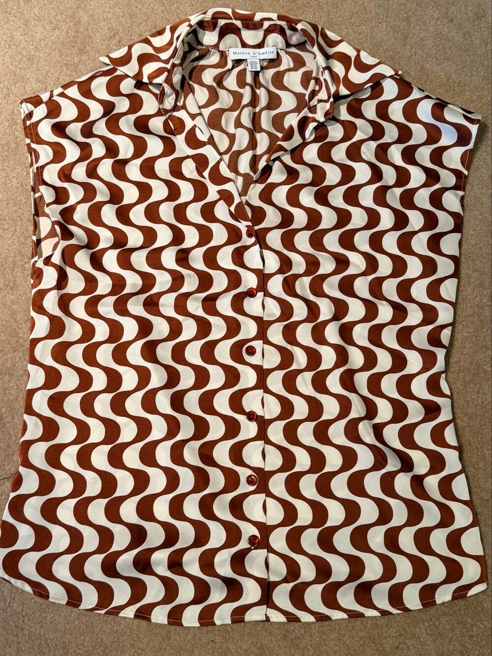 Maison d'Amelie Brown White Swirl Retro Geometric V-Neck Blouse Top Size XS